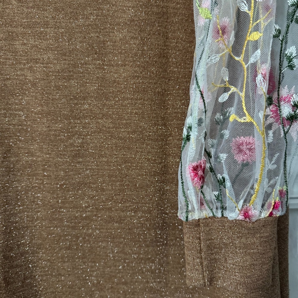 Renee C. Brown Metallic Dress with Sheer Mesh Embroidered Long Sleeves Size M - Picture 3 of 7